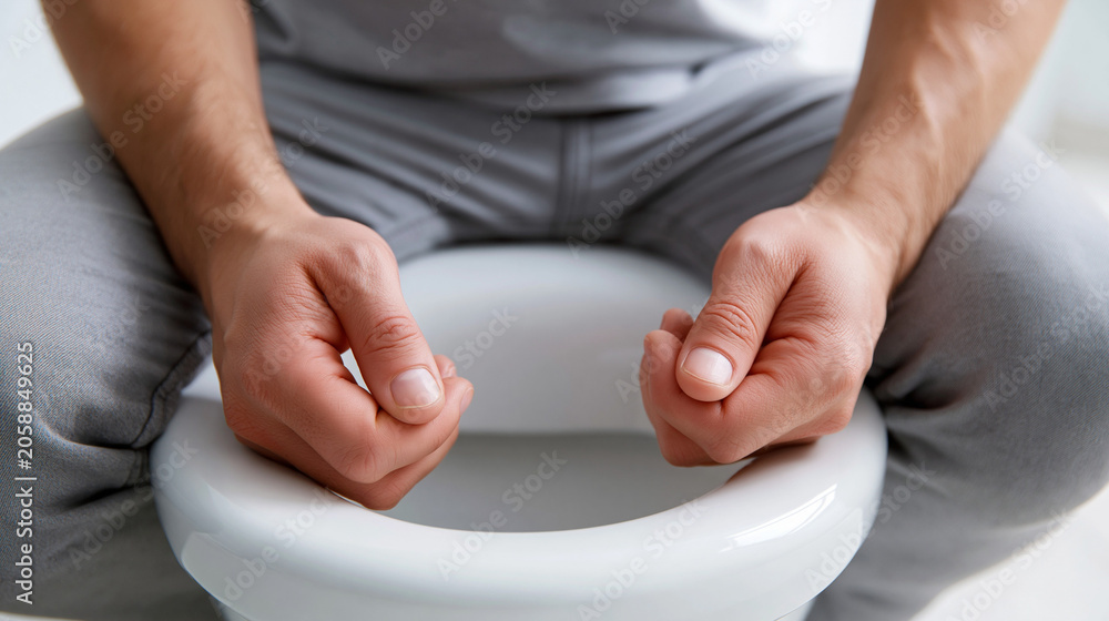 Fototapeta premium Ein Mann sitzt auf einer Toilette und hält seine Hände zu Fäusten geballt auf den Oberschenkeln.