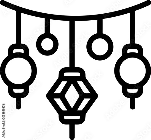 Photography Hanging Lanterns Garland Line Art Icon, Festive Celebration Decorations, Orienta