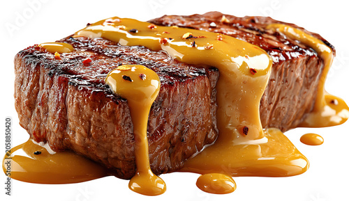 Chef pouring rich brown gravy over a perfectly cooked steak with asparagus and potatoes on a white plate