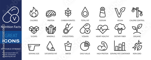 Billede på lærred Collection of 21 editable stroke icons designed for nutrition facts labels, food packaging, health tracking dashboards, and nutrition-related UX/UI interfaces