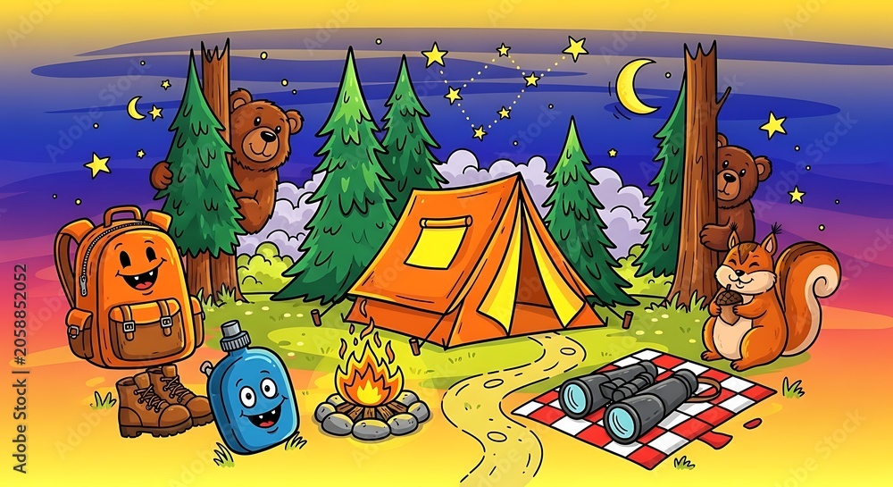 Naklejka premium Whimsical cartoon camping scene, colorful illustration, outdoor adventure, kids' travel