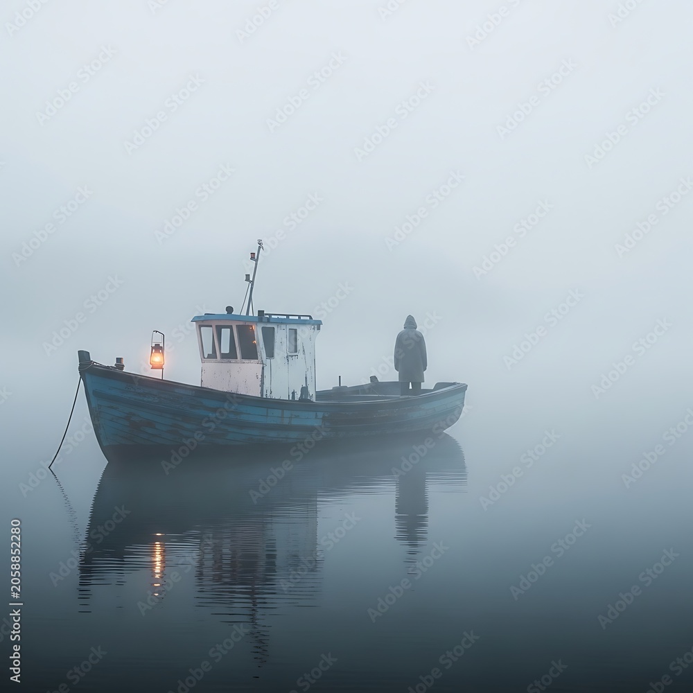 Fototapeta premium Foggy harbor scene with historic lighthouse and ship.