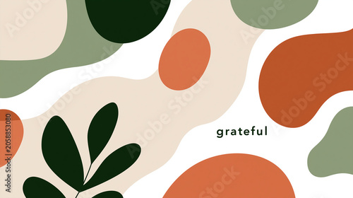 Modernes abstraktes Muster mit organischen Formen in Erdtönen und grünen Blättern mit dem Wort „grateful