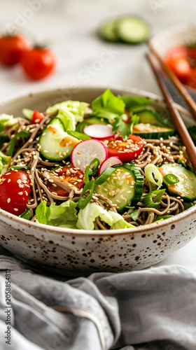 Creative soba salad presents crisp vegetables and chilled noodles in sesame vinaigrette