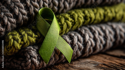 Green awareness ribbon placed on folded knitted gray fabric with mental health, awareness
