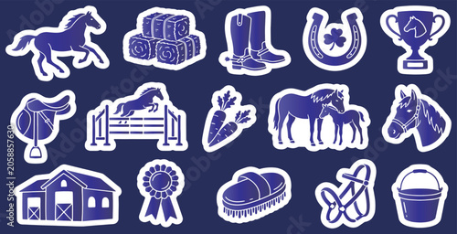 Foto Set of equestrian-themed vector illustrations including horses, stable equipment, and riding accessories on a dark background