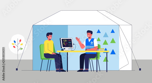 Doctor Consults Patient in Medical Tent, Vital Signs Monitor Displayed