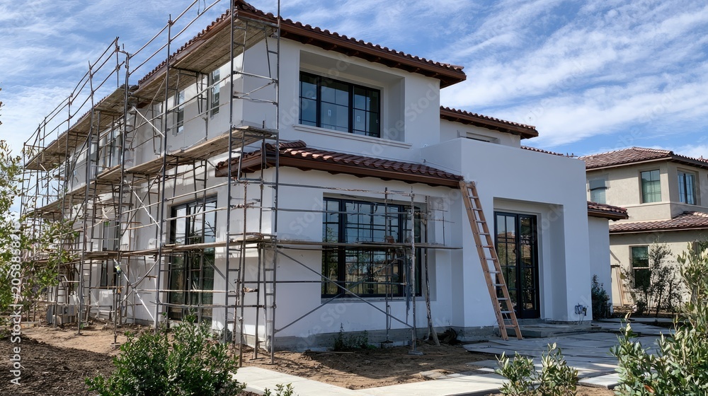 Fototapeta premium Modern stucco home under construction, featuring scaffolding and a ladder