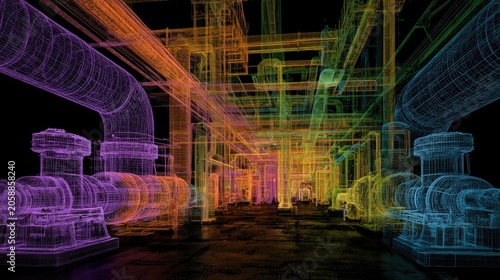 Wireframe network of industrial pipes and machinery, glowing with multi-colored light