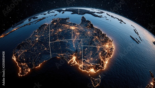 Earth from space, glowing continent at night, continents, cities, darkness