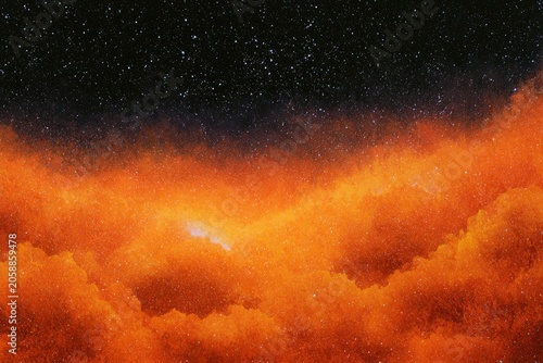 Vibrant orange nebulae against a star-filled black sky