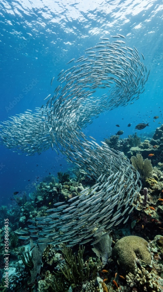 Fototapeta premium School of fish swimming in deep blue ocean water above coral reef. Wildlife in natural habitat for World Oceans Day. Marine life ecosystem, underwater nature discovery and conservation.