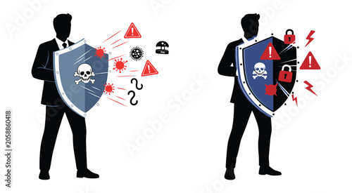 Silhouette Of Person Holding Shield Against Digital Threats Vector Illustration