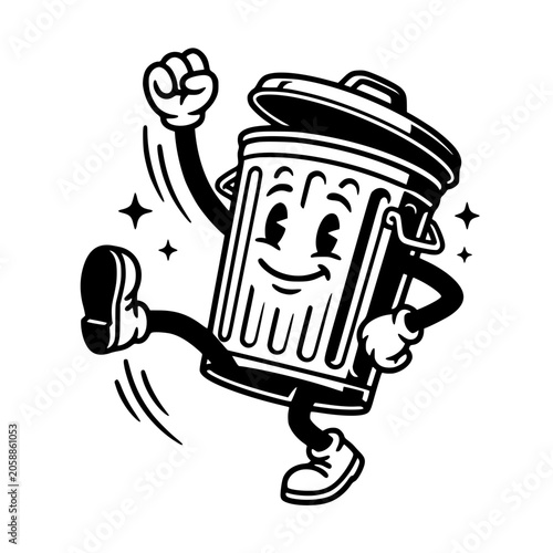 A cheerful cartoon trash can character, with expressive eyes and a wide smile, is joyfully kicking its leg high in a playful, retro illustration. vector illustration