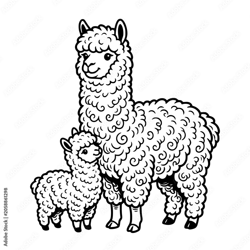 Naklejka premium A charming illustration depicts a mother llama and her baby llama, both with fluffy, curly fleece, standing together in a simple, artistic style. vector illustration