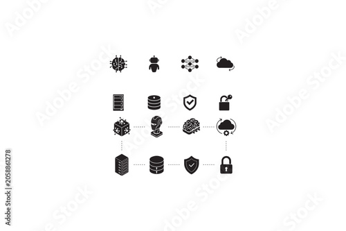 Technology icons set for various style workflow diagram - AI and data, AI agent, machine learning, API cloud integration, server, database, security, vector image.