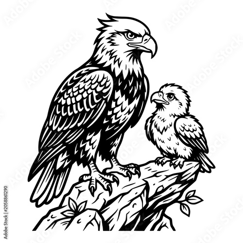 A majestic adult eagle stands guard over its young eaglet, perched proudly on a rocky outcrop, symbolizing strength and heritage. vector illustration
