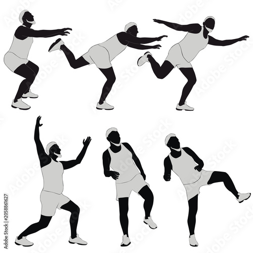 Vector silhouettes of big man in costume with beardworming up, doing workout and fitness exercise. Sportive illustration of training person.