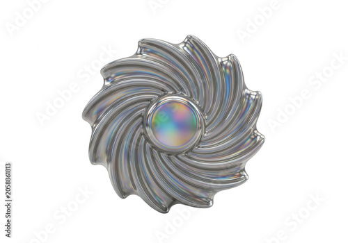 Metallic radial gear sculpture with iridescent center and spiral blades holographic chrome isolated on a black background, for industrial and abstract isolated on a transparent background