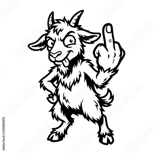 A cartoon goat with a mischievous expression gives the middle finger, its tongue sticking out and one hand on its hip in a defiant stance. vector illustration