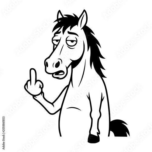 A cartoon horse with tired eyes and a raised middle finger expresses frustration, conveying a humorous and rebellious attitude. vector illustration
