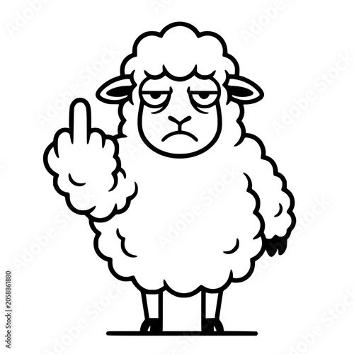 A grumpy cartoon sheep with a weary expression flips the middle finger, conveying a humorous sentiment of defiance or annoyance. vector illustration