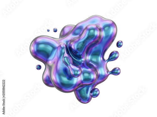 Organic iridescent liquid blob with floating droplets isolated on black background, for modern artistic, digital compositions and, holographic chrome isolated on a transparent background