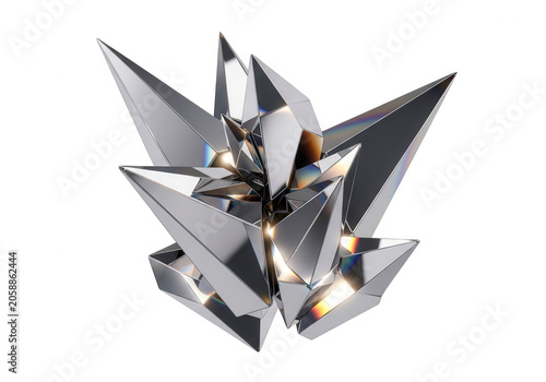 Sharp crystalline structure made of polished silver geometric spikes with iridescent light refractions isolated on a solid black holographic chrome isolated on a transparent background