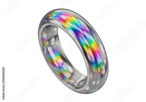Single polished silver ring featuring a vibrant rainbow spectrum light refraction on its smooth metallic surface against a black holographic chrome isolated on a transparent background
