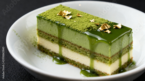 Matcha layer cake with green tea sauce and edible gold flakes  