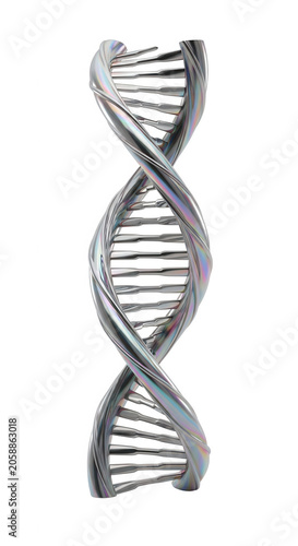 Polished silver dna double helix structure representing genetic engineering and medical science isolated on a solid black holographic chrome isolated on a transparent background