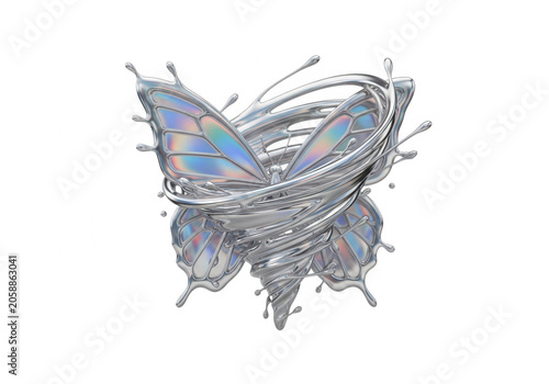 Surreal 3d butterfly trapped in a swirling metallic tornado of liquid silver with iridescent highlights isolated on a deep black holographic chrome isolated on a transparent background