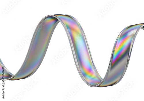 Wavy metallic ribbon with iridescent rainbow light reflections flowing in a smooth spiral isolated on a solid black background, 3d holographic chrome isolated on a transparent background