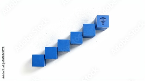 A staircase of blue cubes leads up to a highlighted cube with a symbol on it.