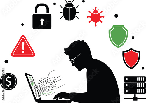 Cybersecurity Silhouette With Laptop Padlock And Warning Sign Vector Illustration