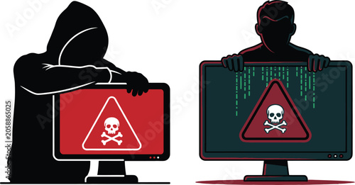 Silhouette Of Hacker With Warning Sign Displayed On Computer Screen