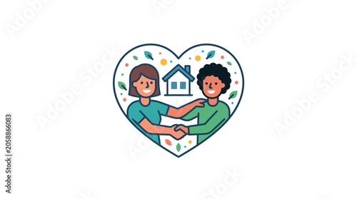 Φωτογραφία People Shaking Hands Inside Heart Shape with House and Leaves - Community, Care,