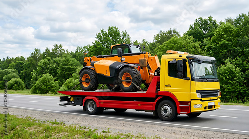 Professional flatbed tow truck transporting heavy telescopic handler machinery on highway