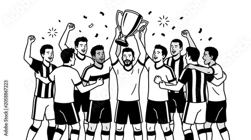 Quadro su tela Group of male soccer players celebrating victory, joyfully holding up a championship trophy, on isolated white background, triumphant and happy
