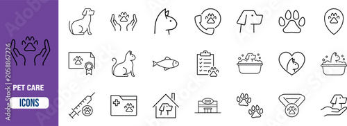 Pet care vector icons. dog icon set, cat icon set, paw icon set