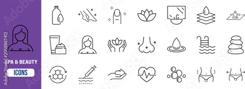 Spa and beauty line icons. woman icon set, lotus icon set, pool icon set