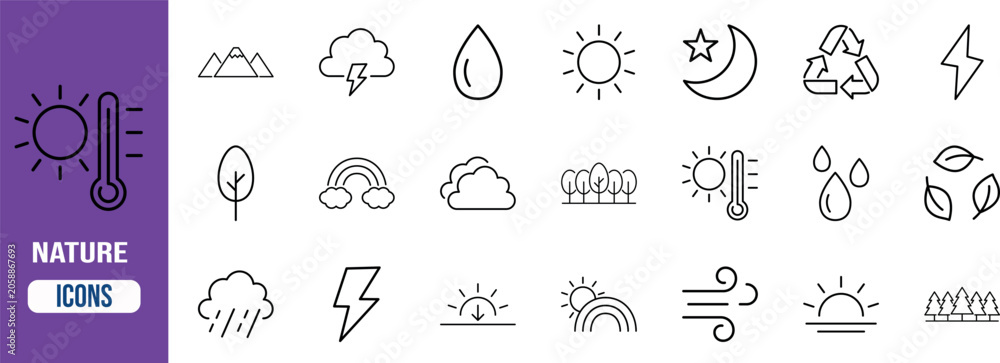 Obraz premium Nature weather environment outline icons. sun icon set, cloud icon set, rain icon set