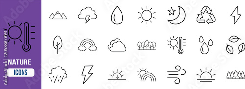 Nature weather environment outline icons. sun icon set, cloud icon set, rain icon set