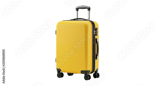 Fotografie A yellow carry on luggage suitcase standing with wheels and a handle on a transparent background