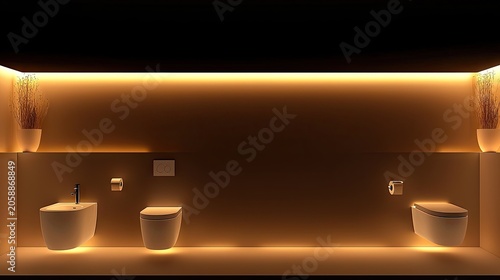 Modern, minimalist bathroom interior design featuring warm lighting.