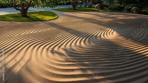 Intricate patterns sculpted in a serene outdoor sand garden.