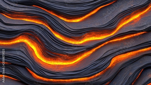 Intricate geological patterns of molten rock flowing through layered rock formations.