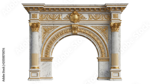 Classic architectural marble archway with ornate golden carvings and ionic columns isolated on transparent background.