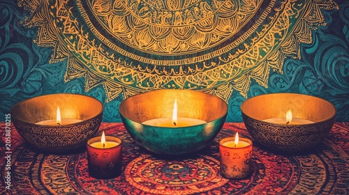 Golden and teal bowls with candles on a patterned surface.