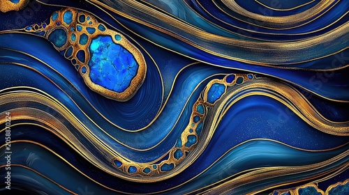 Abstract design with flowing blue and gold patterns.
